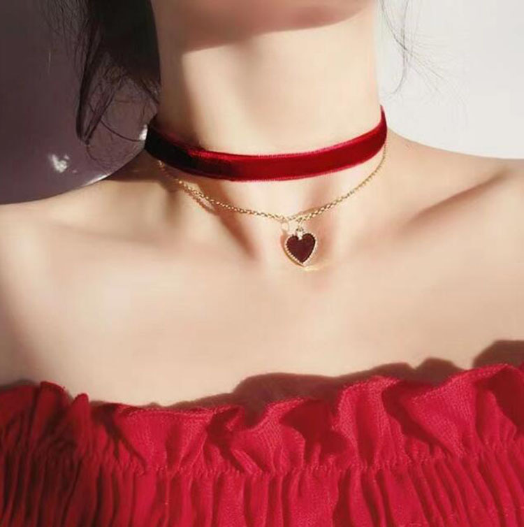 Layered Pendant Necklace Aesthetic - رومانسية طبقة مزدوجة المختنق قلادة الأحمر